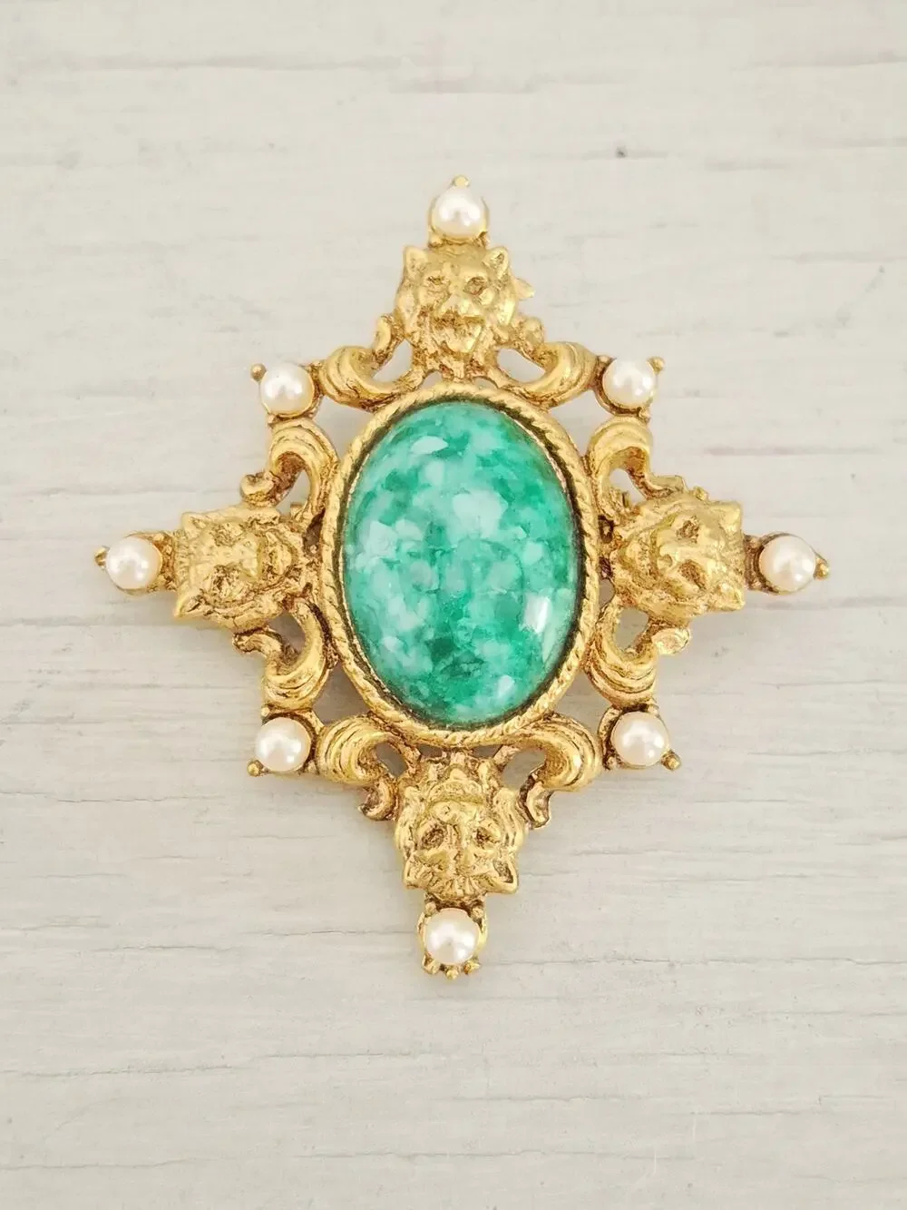 Faux Jade and Pearl Gold-tone Brooch